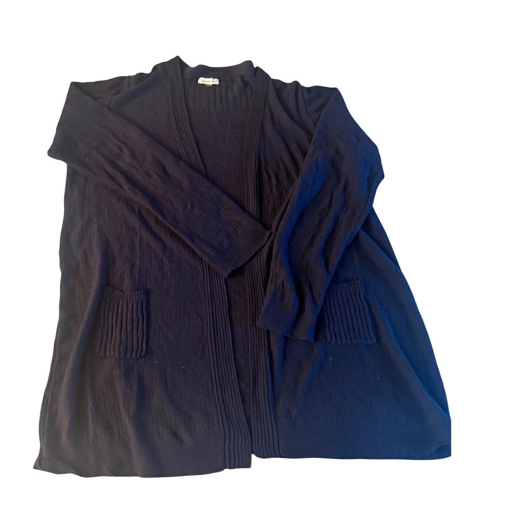Coldwater Creek Navy Blue Textured Knit Open Front Longline Cardigan Pockets
